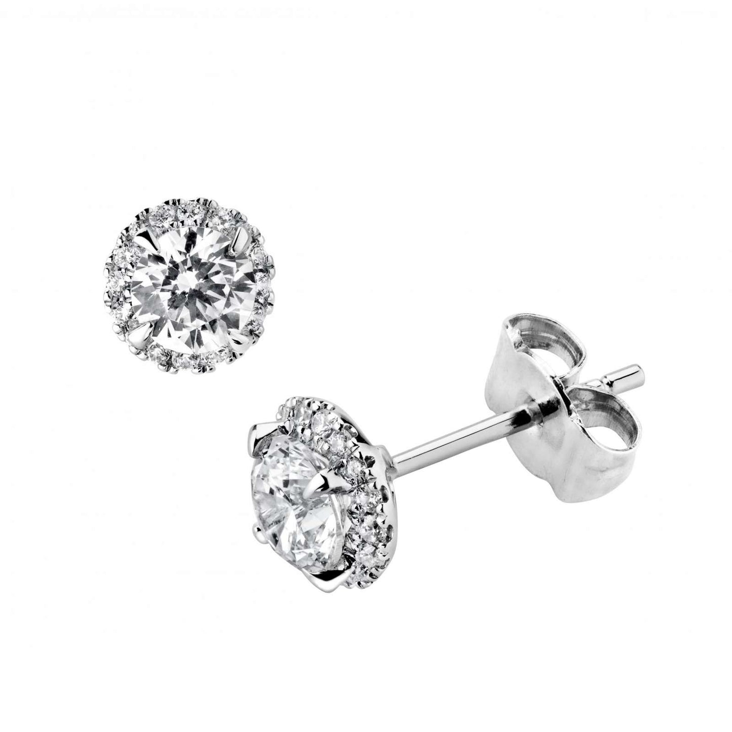 18kt White Gold Natural Diamond Stud Halo Earrings — Round Brilliant Cut GIA Certified