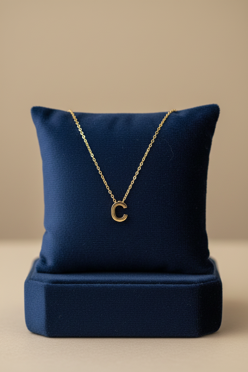 9kt Gold Letter Pendant on Velvet Cushion