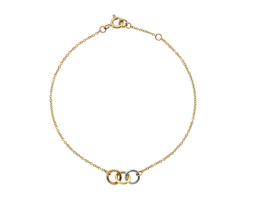 9kt Yellow, White and Rose Gold 3 Circle Bracelet