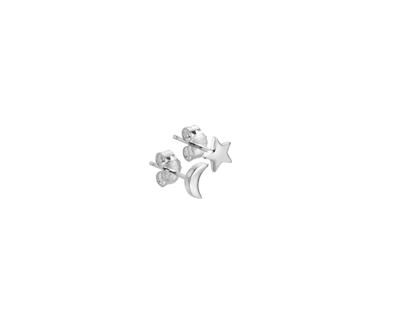 Sterling Silver Moon and Star Stud Earrings with Butterfly Backs
