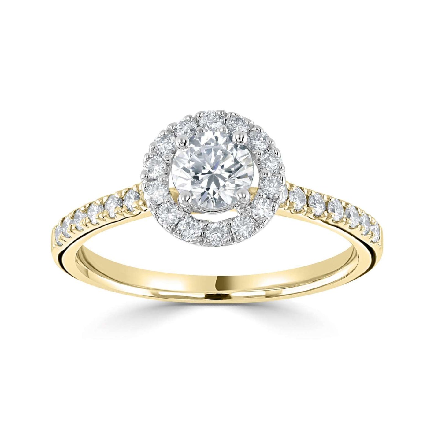 18kt Yellow and White Gold Solitaire Lab Grown 1.00ct Round Halo with Diamond Set Shoulders