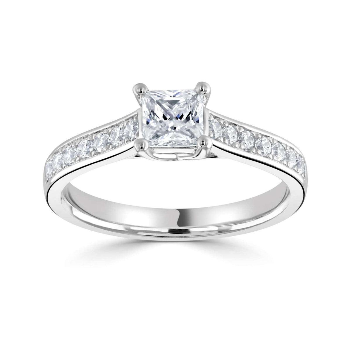 Solitaire Princess Cut Natural Diamond Engagement Ring with Diamond Shoulders