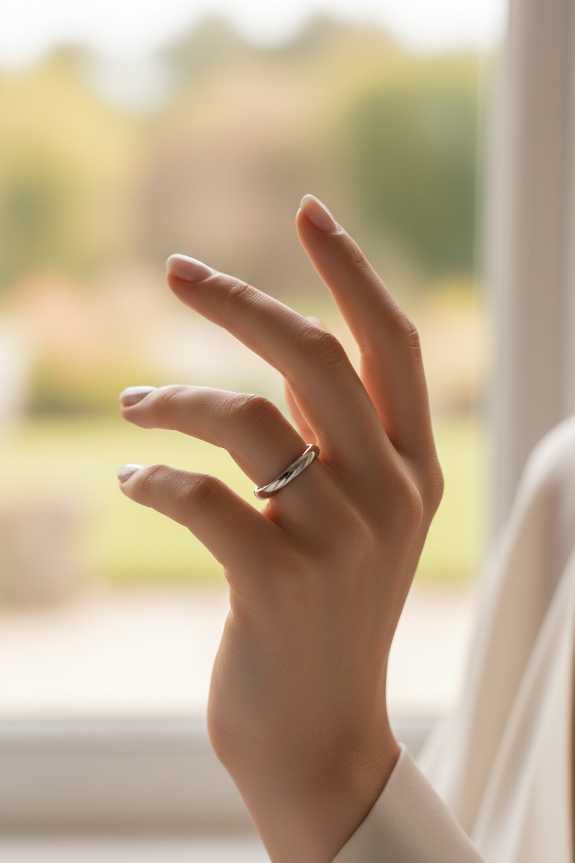 Platinum wedding band lifestyle shot on hand with soft focus background