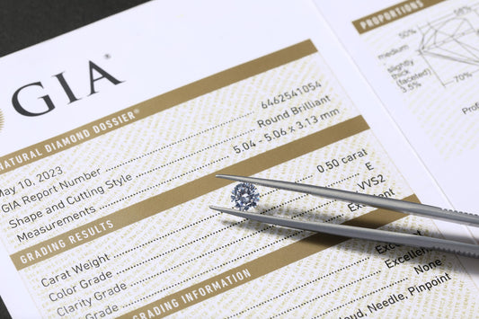 GIA diamond grading report beside a loose round brilliant diamond at Cotter & Co Jewellers, Ireland