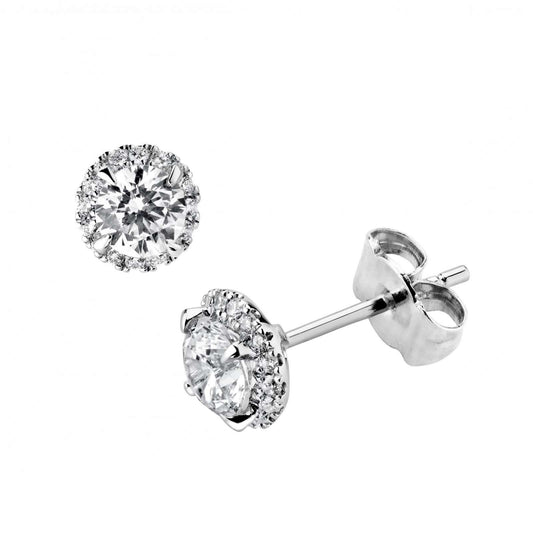 18kt White Gold Natural Diamond Stud Halo Earrings — Round Brilliant Cut GIA Certified