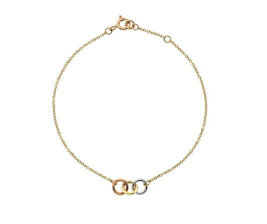 9kt Yellow, White and Rose Gold 3 Circle Bracelet