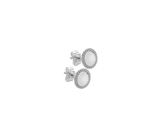 Sterling Silver CZ Border Disc Stud Earrings with Butterfly Backs