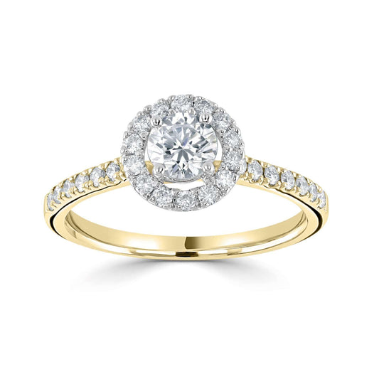 18kt Yellow and White Gold Solitaire Lab Grown 1.00ct Round Halo with Diamond Set Shoulders