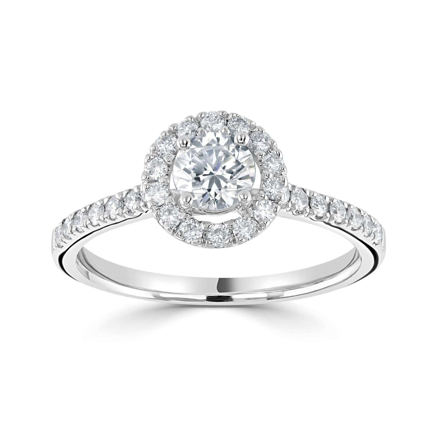 Platinum Solitaire Natural 0.80ct Round Halo with Diamond Set Shoulders