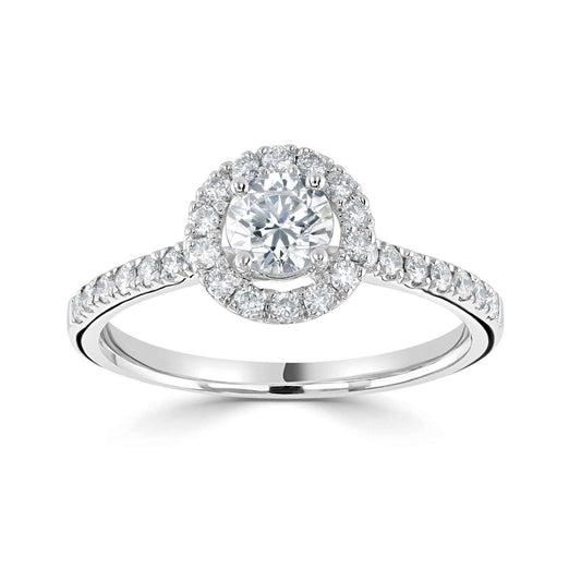 Platinum Solitaire Natural 0.80ct Round Halo with Diamond Set Shoulders
