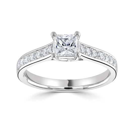 Solitaire Princess Cut Natural Diamond Engagement Ring with Diamond Shoulders