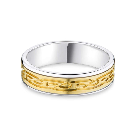 9kt White and Yellow Gold Two Tone Celtic Wedding Ring | Flat Court Fit