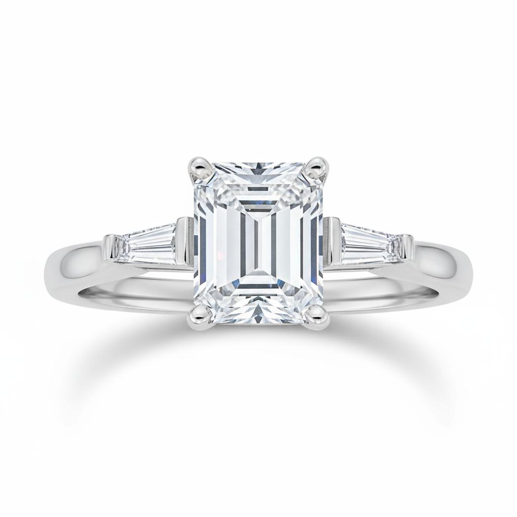 Emerald & Baguette Three Stone Ring — Front Facing