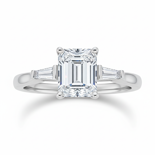 Emerald & Baguette Three Stone Ring — Front Facing