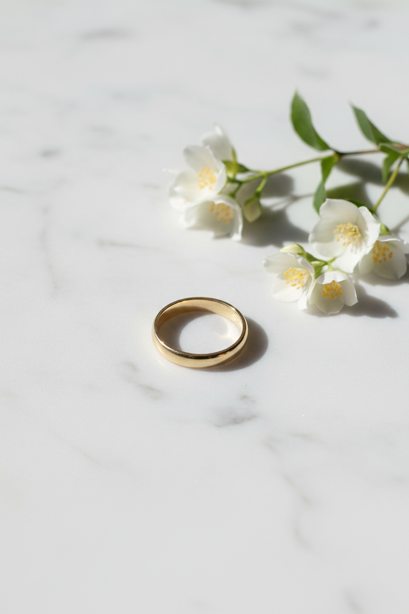 18kt yellow gold wedding band flat lay on white marble with white flowers
